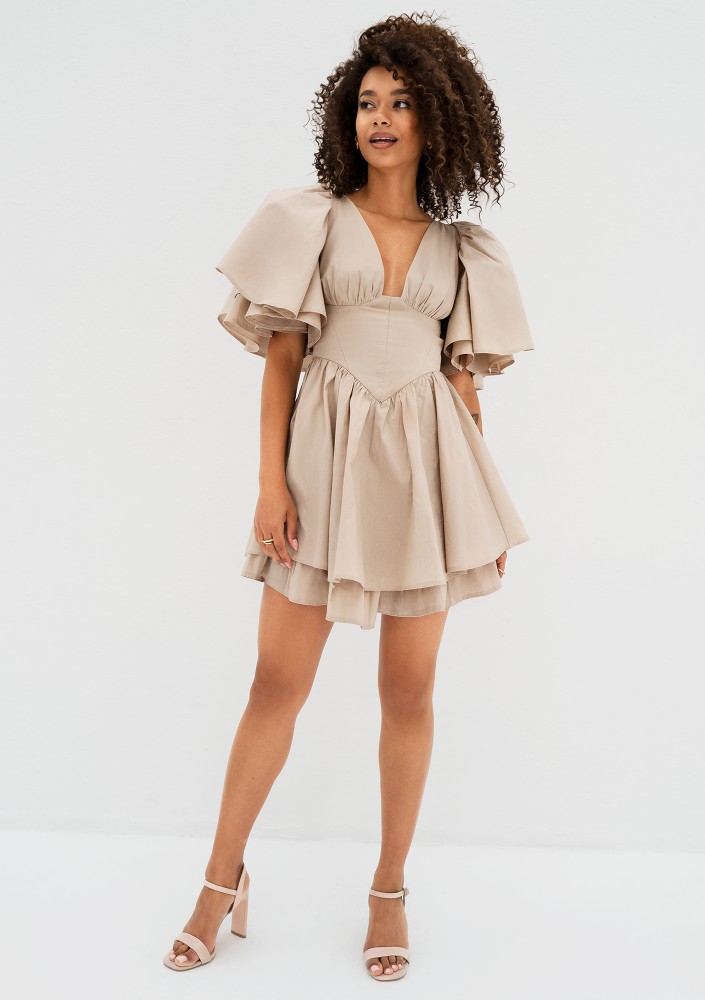 Neyla - Beige mini dress with frilled sleeves