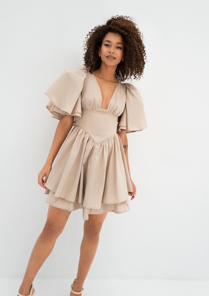 Neyla - Beige mini dress with frilled sleeves