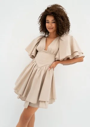 Neyla - Beige mini dress with puffed sleeves