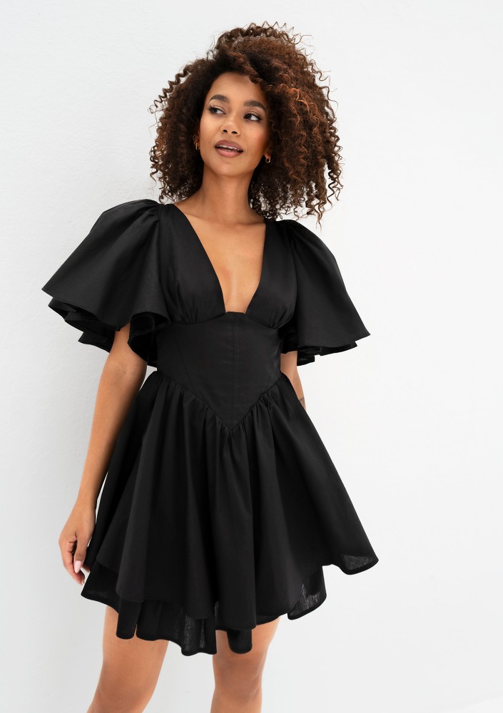 Neyla - Black mini dress with frilled sleeves