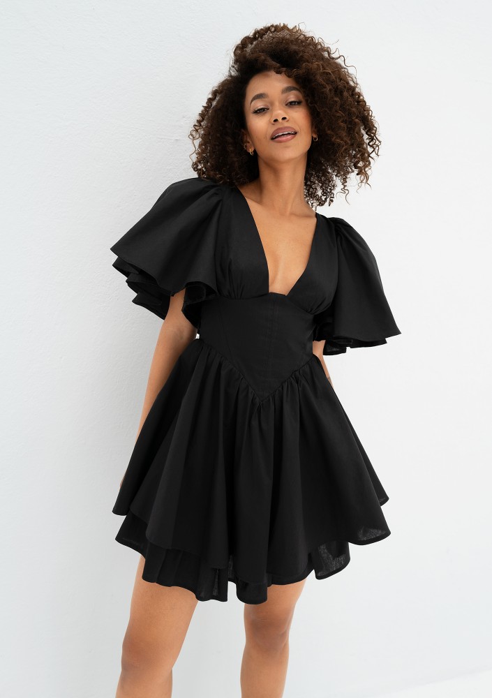 Neyla - Black mini dress with frilled sleeves