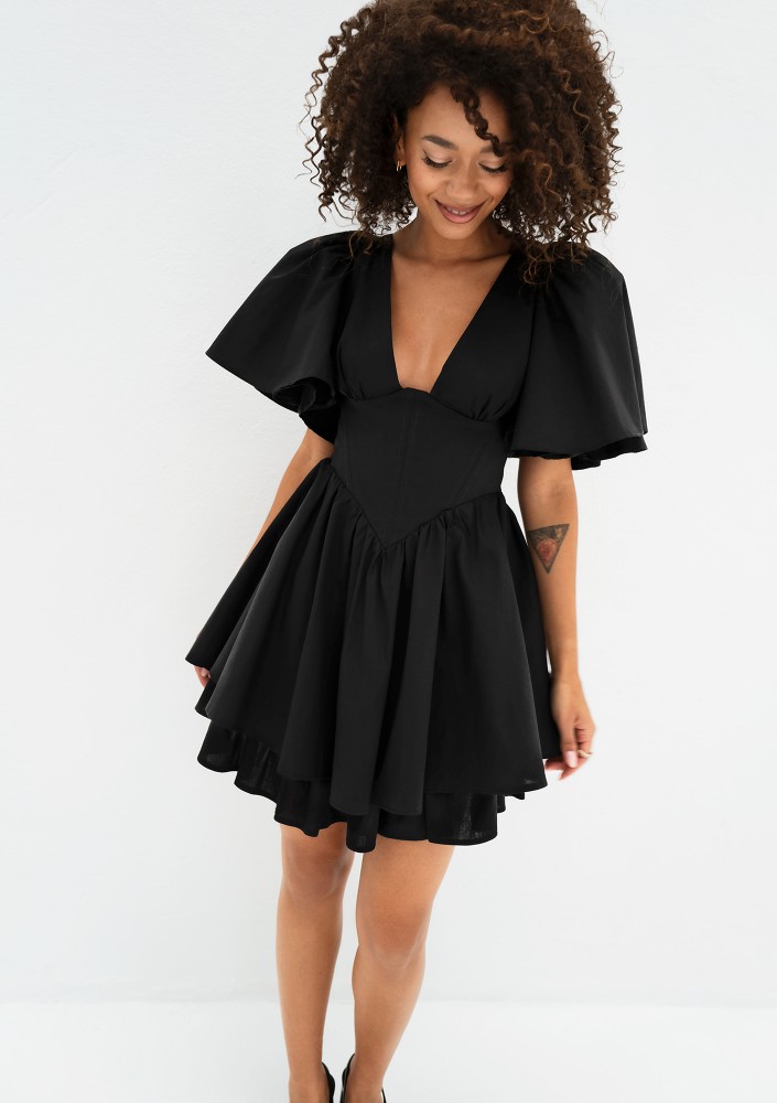 Neyla - Black mini dress with frilled sleeves
