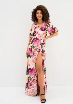 Serina - Kopertowa sukienka maxi w różowe kwiaty