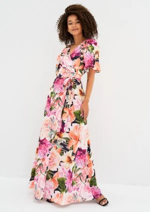 Serina - Kopertowa sukienka maxi w różowe kwiaty