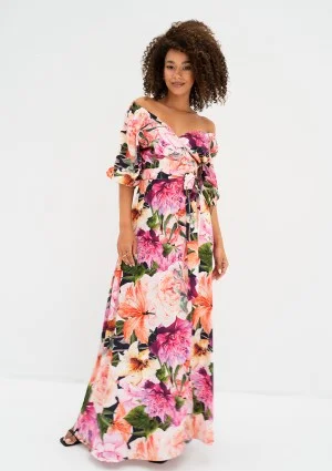 Serina - Kopertowa sukienka maxi w różowe kwiaty