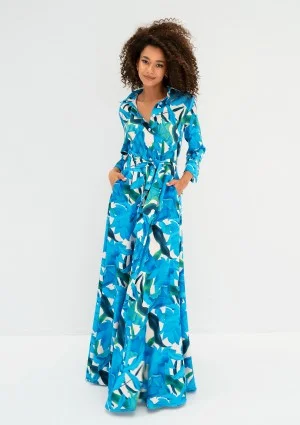 Sofia - Sukienka koszulowa maxi w niebieskie kwiaty