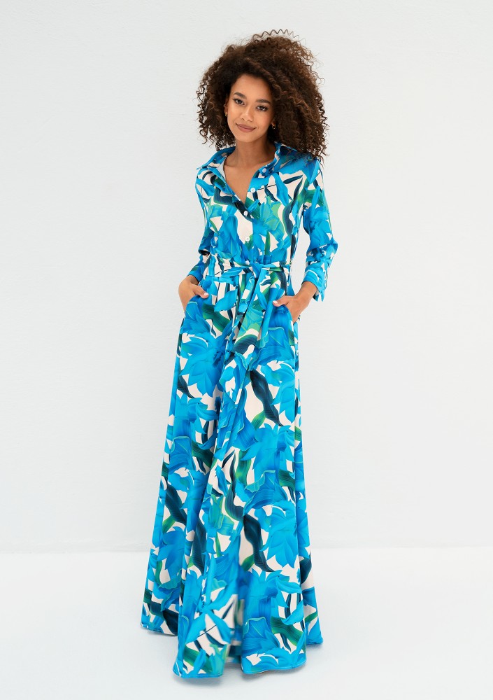 Sofia - Blue floral maxi shirt dress