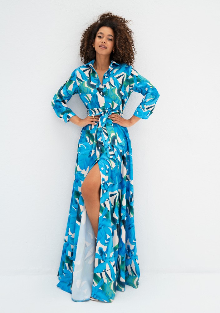 Sofia - Blue floral maxi shirt dress