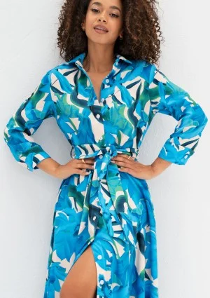 Sofia - Blue floral maxi shirt dress
