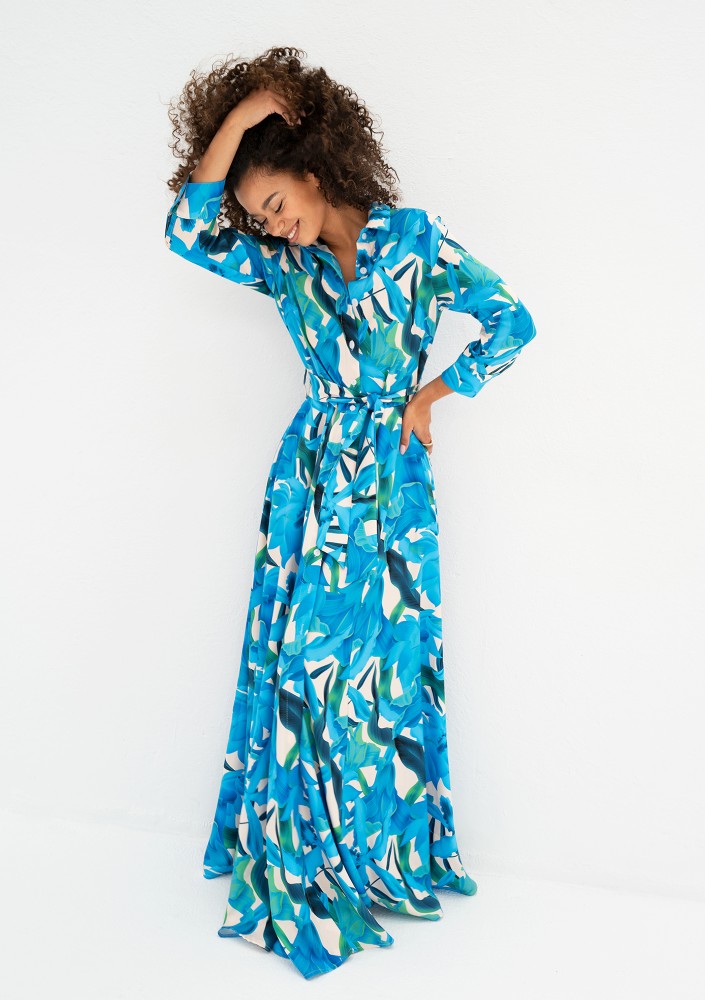 Sofia - Blue floral maxi shirt dress
