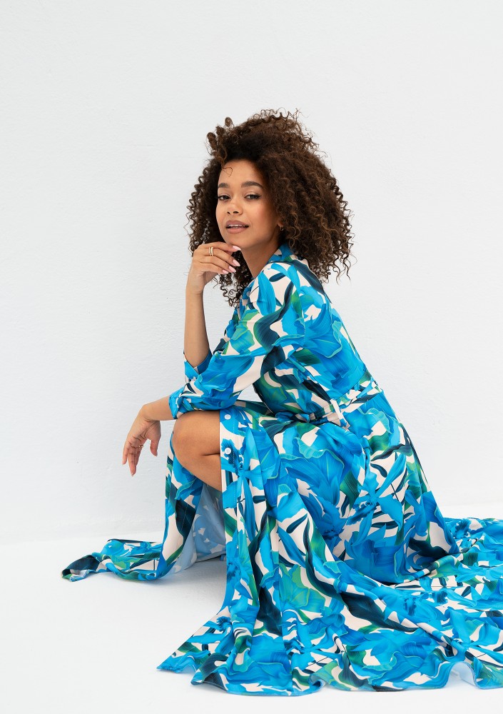 Sofia - Blue floral maxi shirt dress