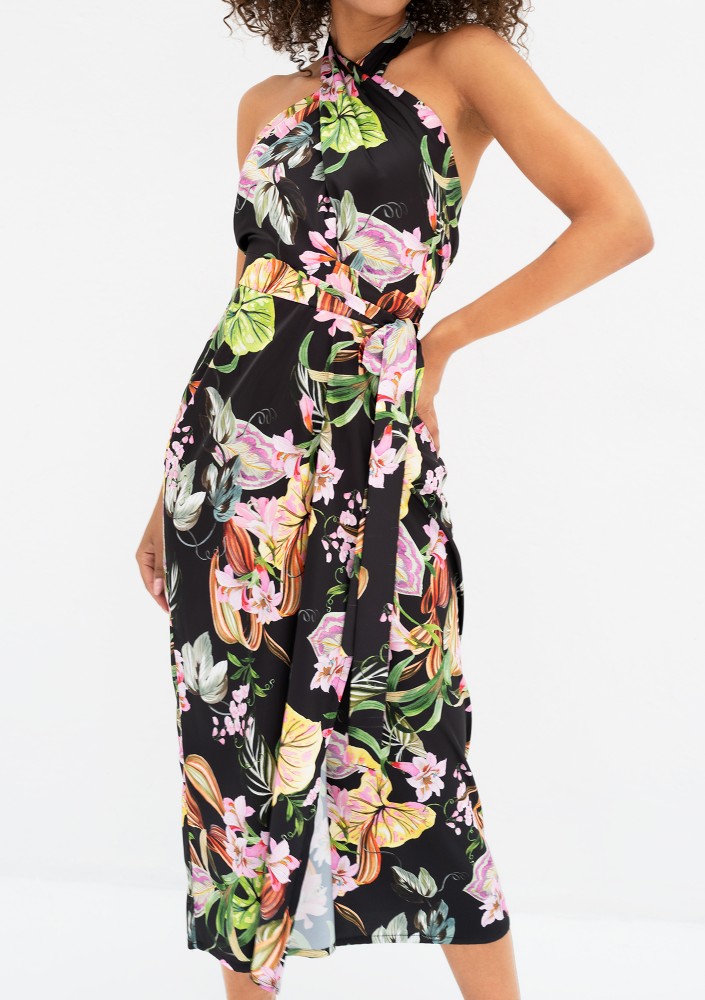 Evita - Black floral rayon midi dress