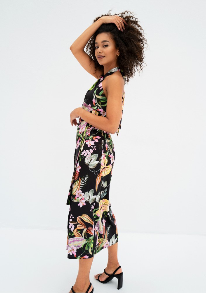 Evita - Black floral rayon midi dress