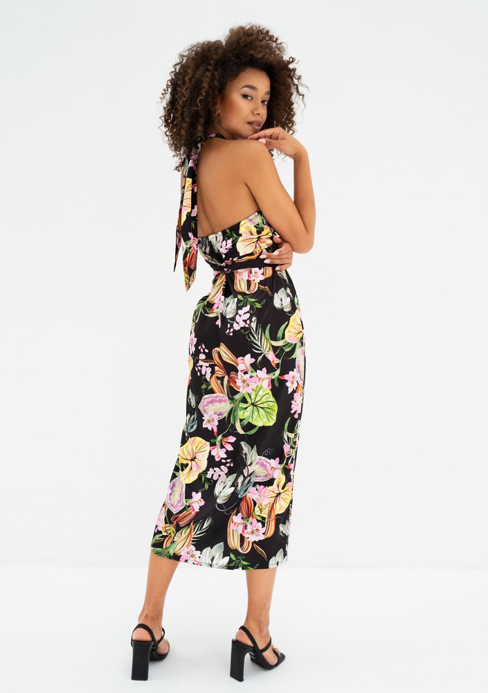 Evita - Black floral rayon midi dress