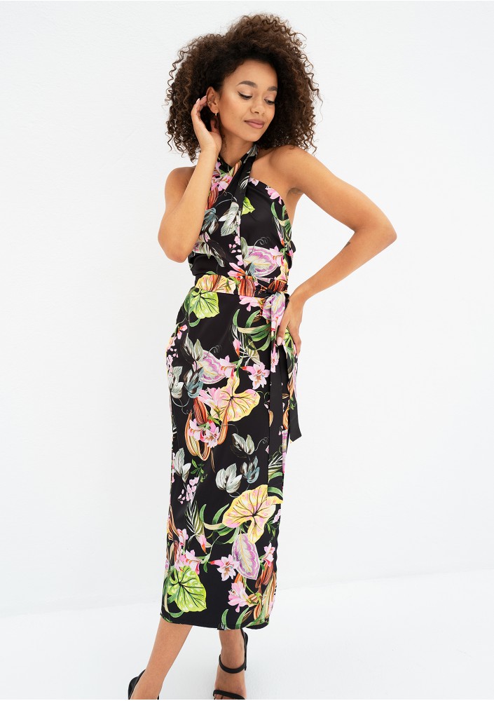 Evita - Black floral rayon midi dress