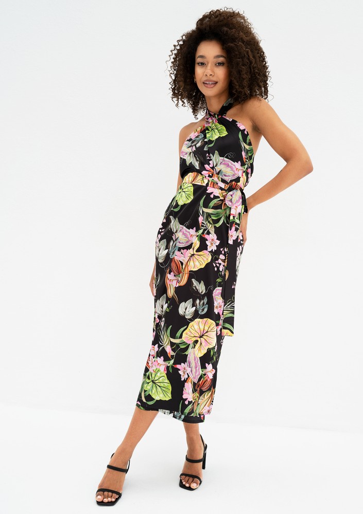 Evita - Black floral rayon midi dress
