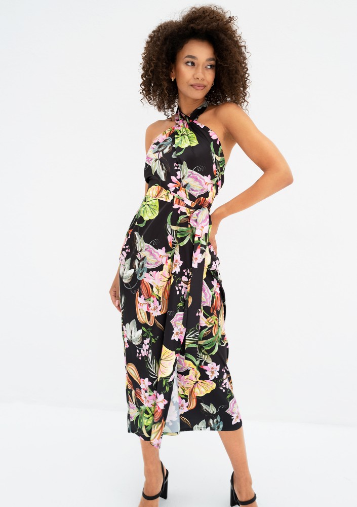Evita - Black floral rayon midi dress
