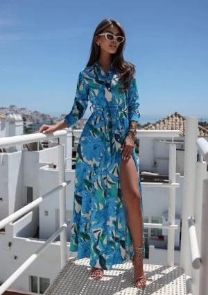 Sofia - Sukienka koszulowa maxi w niebieskie kwiaty