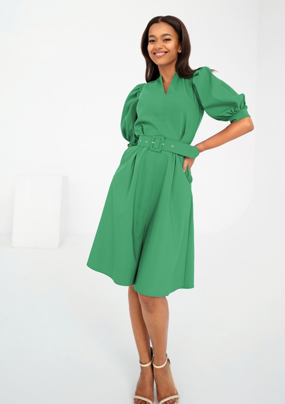 Lindy - Green mid-length belted dress