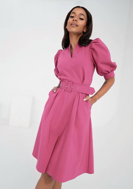 Lindy - Magenta mid-length belted dress