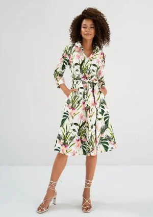 Sally - Ecru leafy patterned cotton midi shirt dress