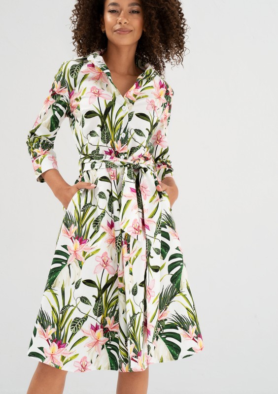 Sally - Ecru leafy patterned cotton midi shirt dress