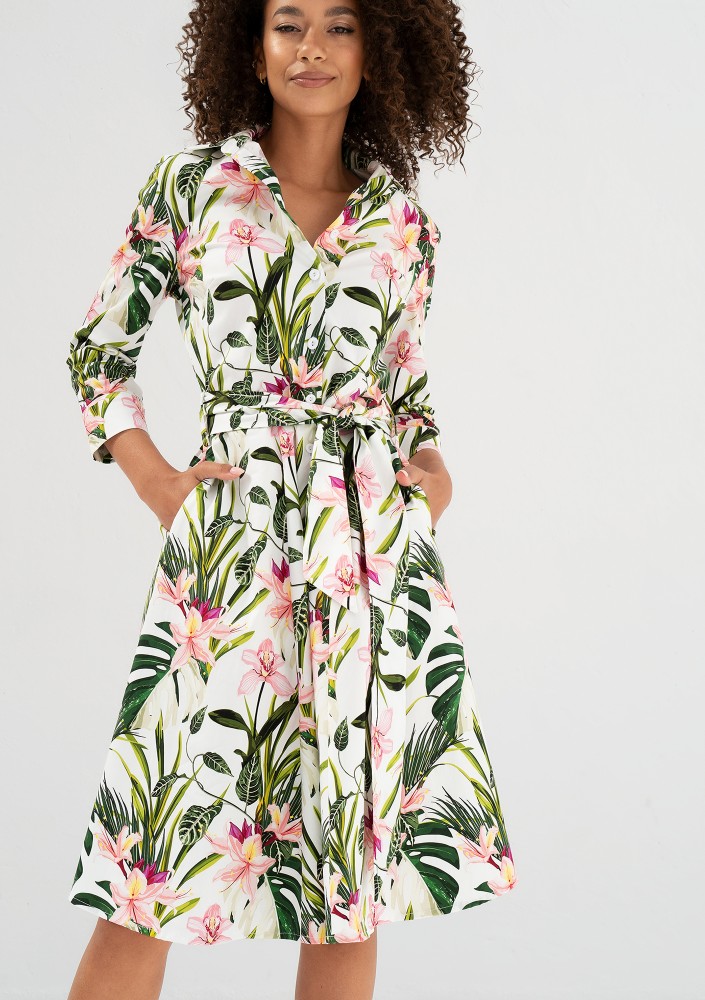 Sally - Ecru leafy patterned cotton midi shirt dress