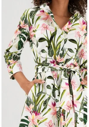Sally - Ecru leafy patterned cotton midi shirt dress