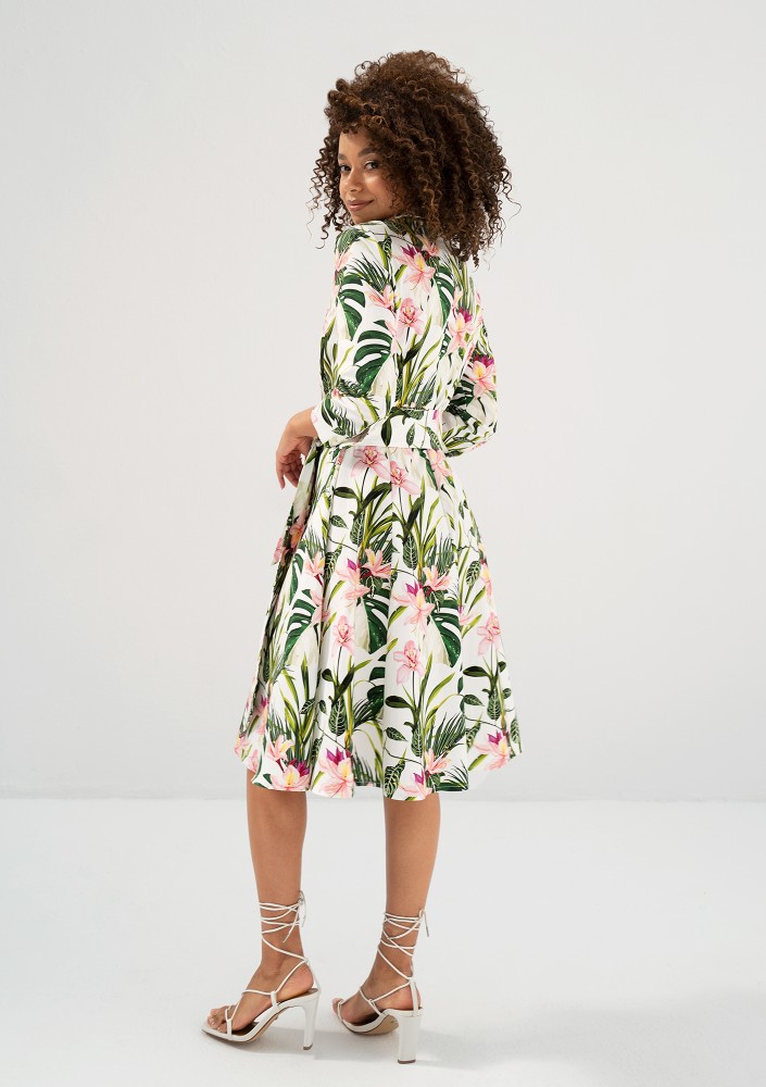 Sally - Ecru leafy patterned cotton midi shirt dress