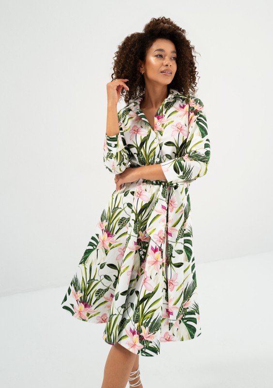 Sally - Ecru leafy patterned cotton midi shirt dress