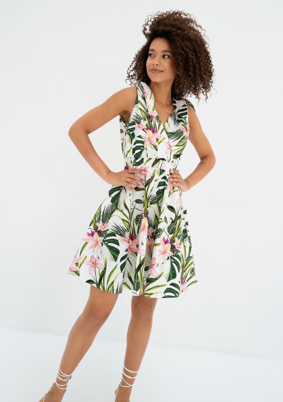 Alva - Ecru leafy patterned mini summer dress