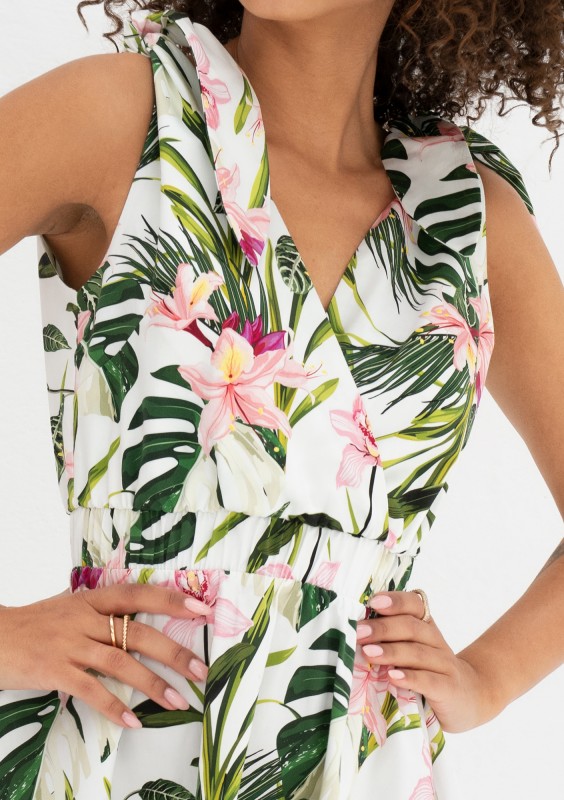 Alva - Ecru leafy patterned mini summer dress