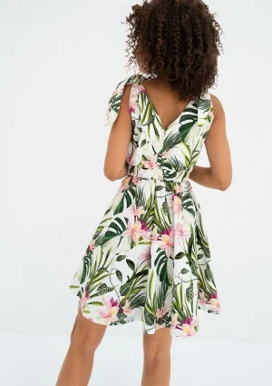 Alva - Ecru leafy patterned mini summer dress