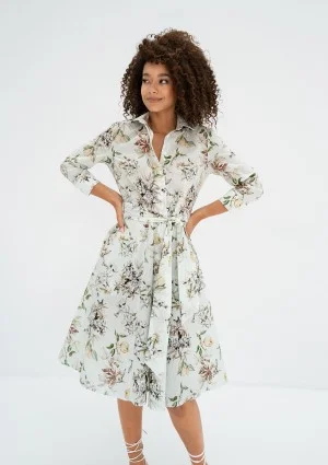 Sally - Minty blue floral cotton midi shirt dress