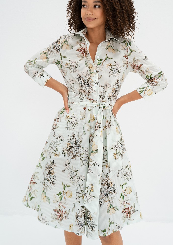 Sally - Minty blue floral cotton midi shirt dress