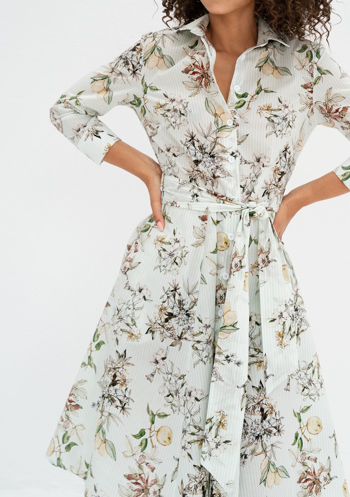 Sally - Minty blue floral cotton midi shirt dress