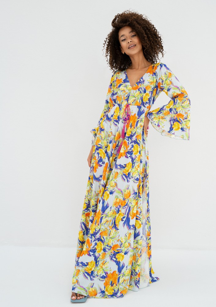 Aliyah - Boho light blue floral patterned maxi dress