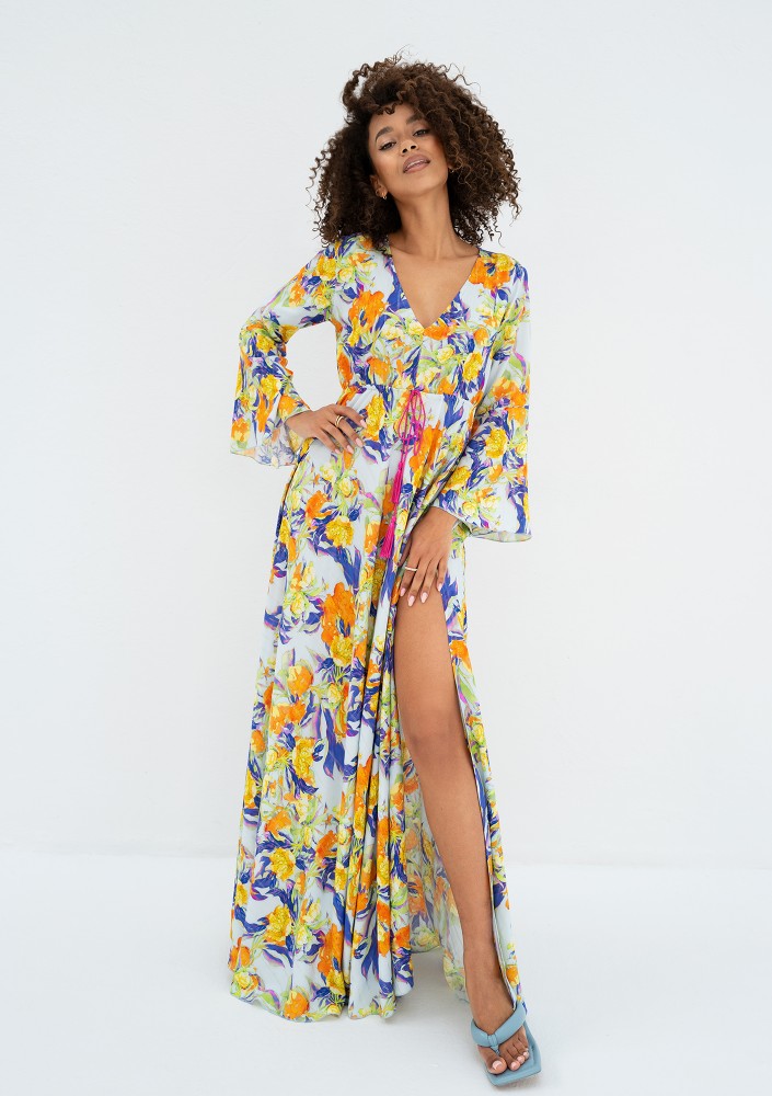 Aliyah - Letnia sukienka maxi w kwiaty Błękitna