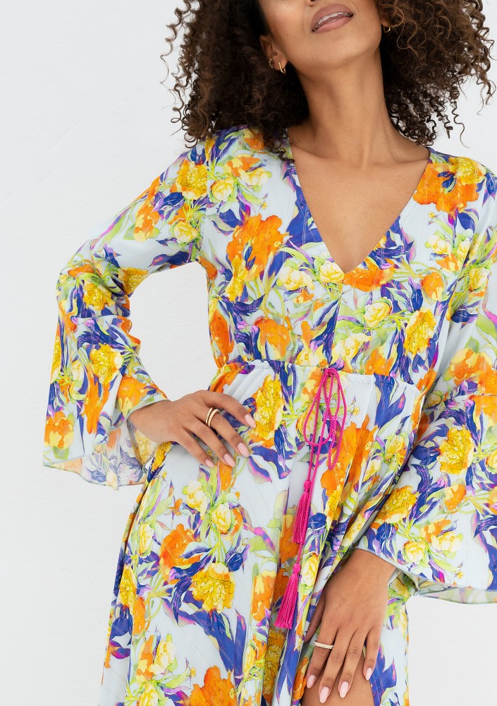 Aliyah - Boho light blue floral patterned maxi dress