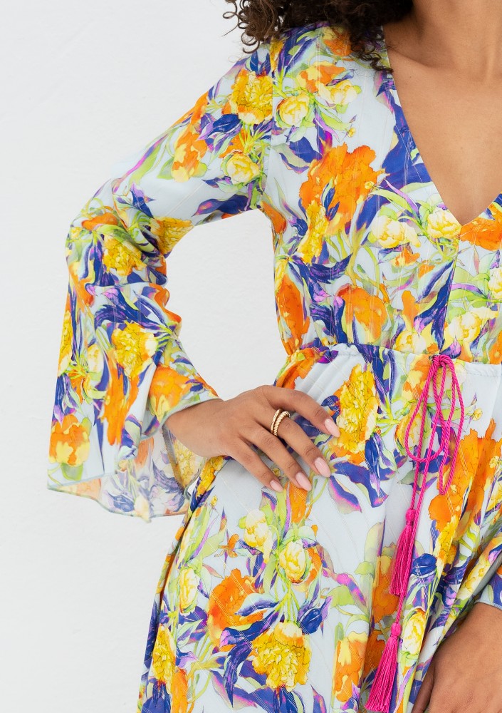 Aliyah - Boho light blue floral patterned maxi dress