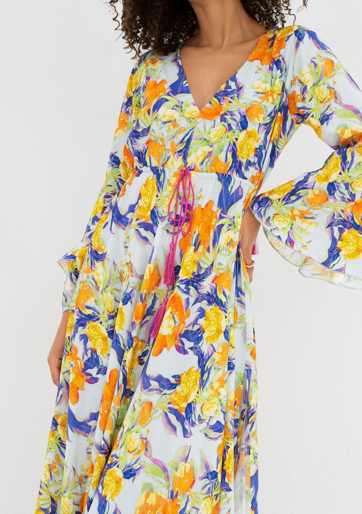 Aliyah - Boho light blue floral patterned maxi dress