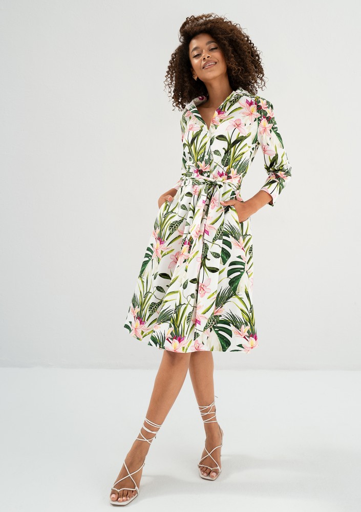 Sally - Ecru leafy patterned cotton midi shirt dress