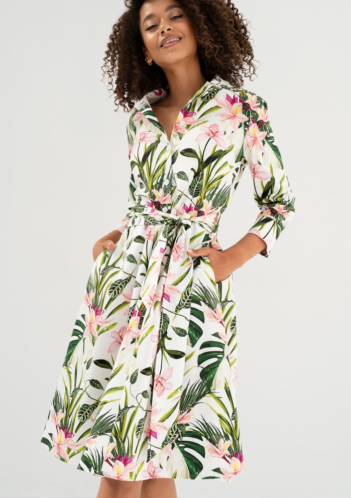 Sally - Ecru leafy patterned cotton midi shirt dress