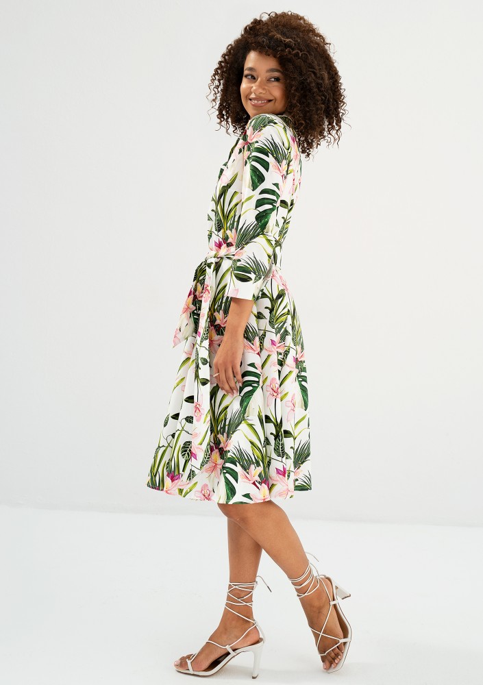 Sally - Ecru leafy patterned cotton midi shirt dress