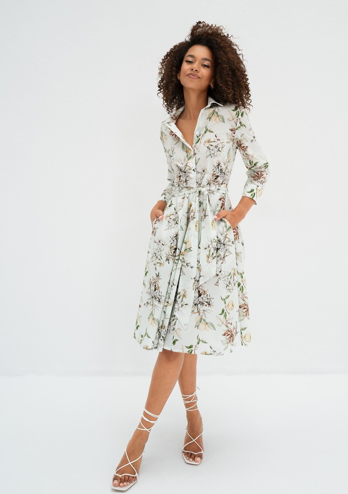 Sally - Minty blue floral cotton midi shirt dress