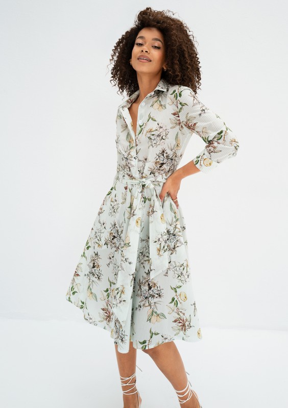 Sally - Minty blue floral cotton midi shirt dress