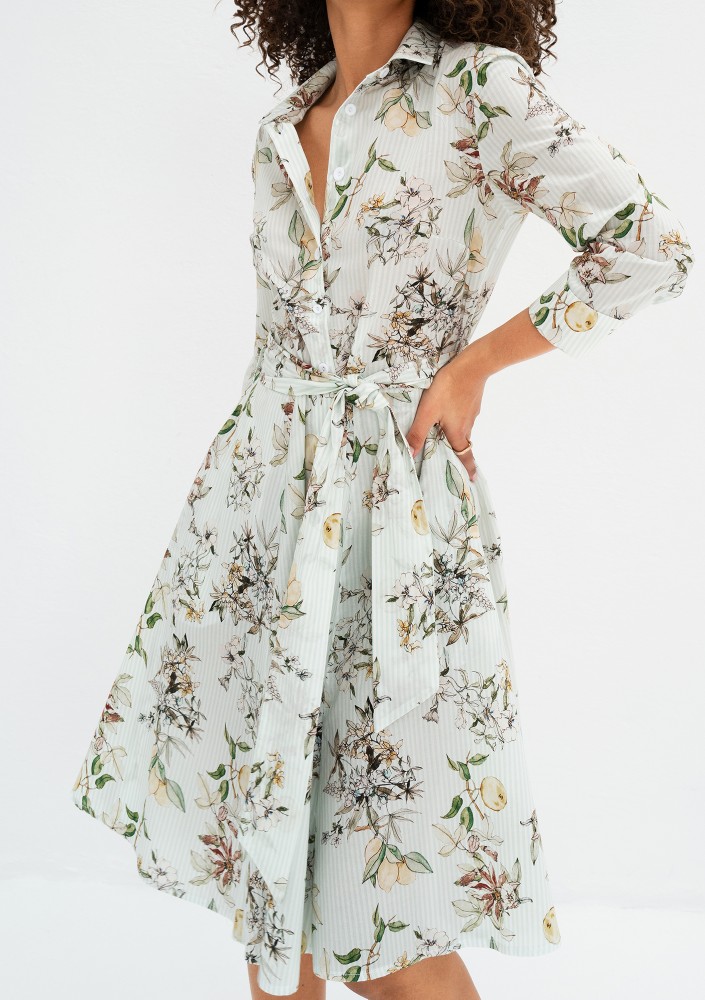 Sally - Minty blue floral cotton midi shirt dress