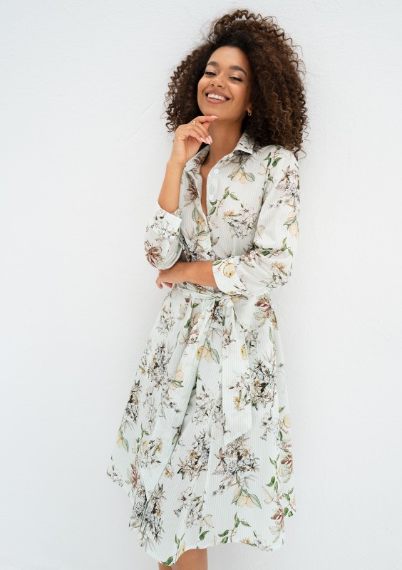 Sally - Minty blue floral cotton midi shirt dress