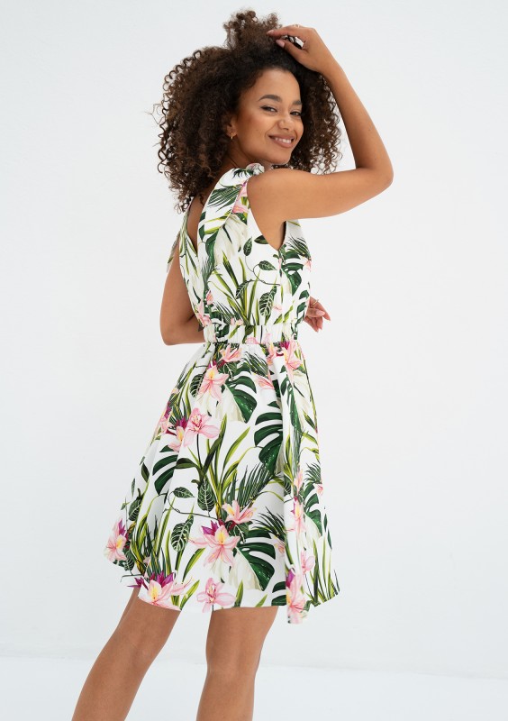 Alva - Ecru leafy patterned mini summer dress