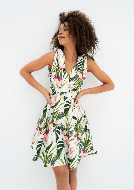 Alva - Ecru leafy patterned mini summer dress